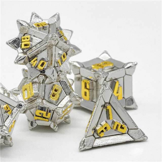 White w/Gold Pinwheel Strengthened Metal 7-Dice Set | Metal DND Dice - 