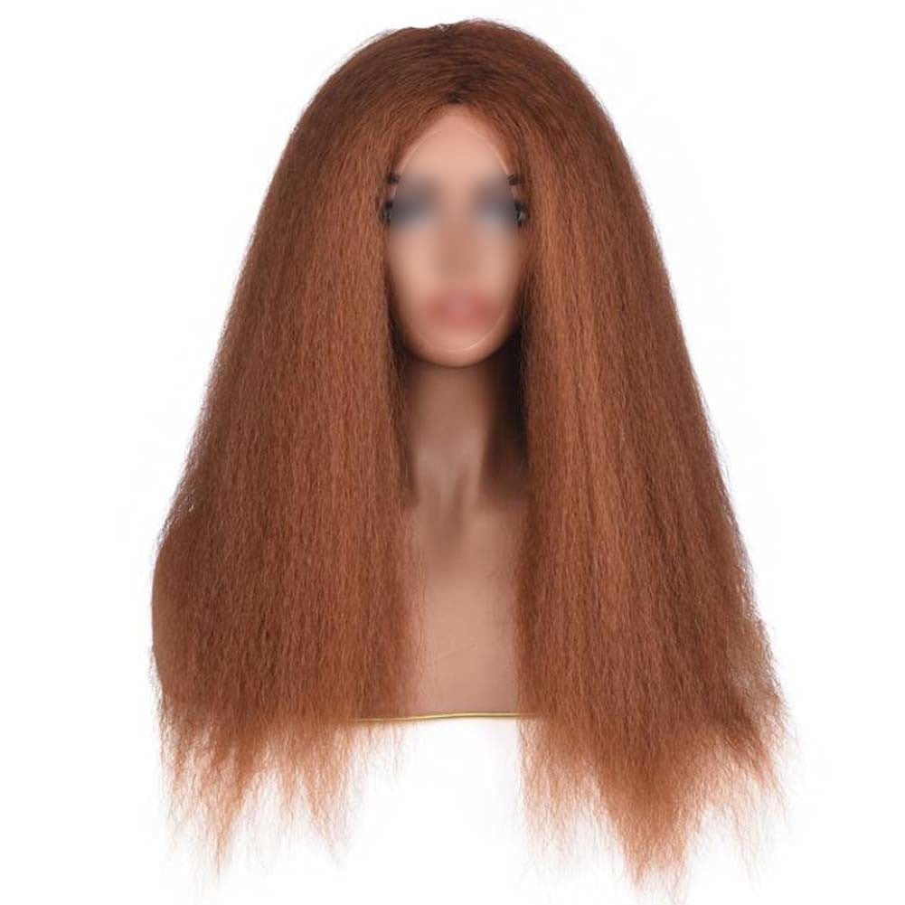 Afro Yaki Hair Straight Curly Wigs Light Coffee Long Full Wig Fluffy Synthetic Hair Wigs for Daily Wear, 24inch