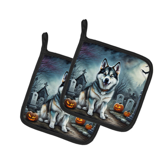 Alaskan Malamute Spooky Halloween Pair of Pot Holders Kitchen Heat Resistant Pot Holders Sets Oven Hot Pads for Cooking Baking BBQ, 7 1/2 x 7 1/2