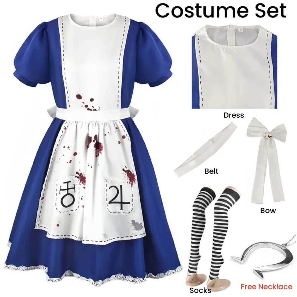 Madness Returns Alice Cosplay Costume Dress with Apron and Wig for Women - XS / Costume Only