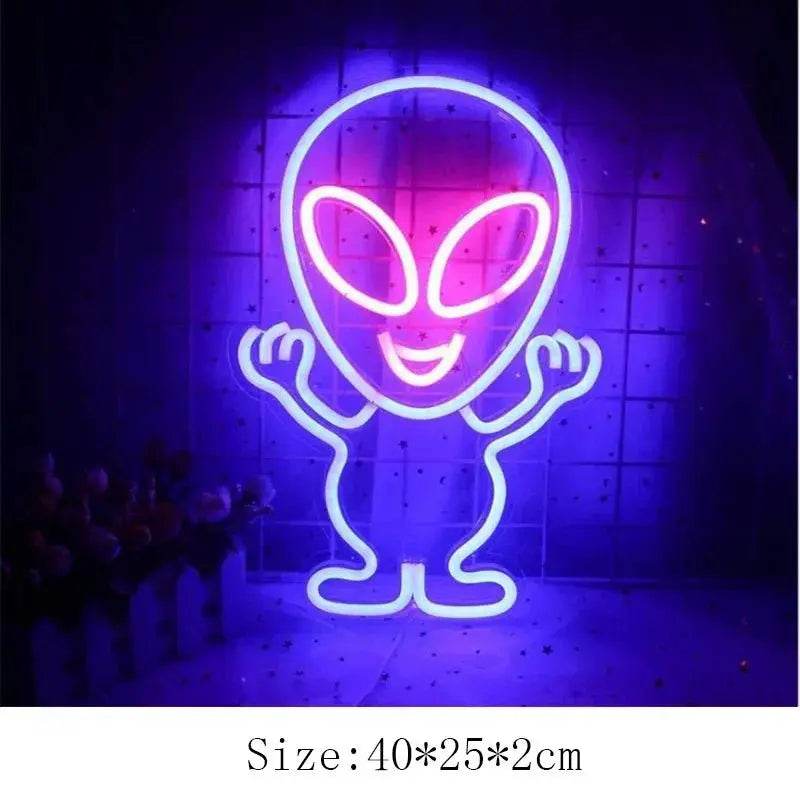 Alien Neon Light Sign Spaceship Planet - Alien blue pink