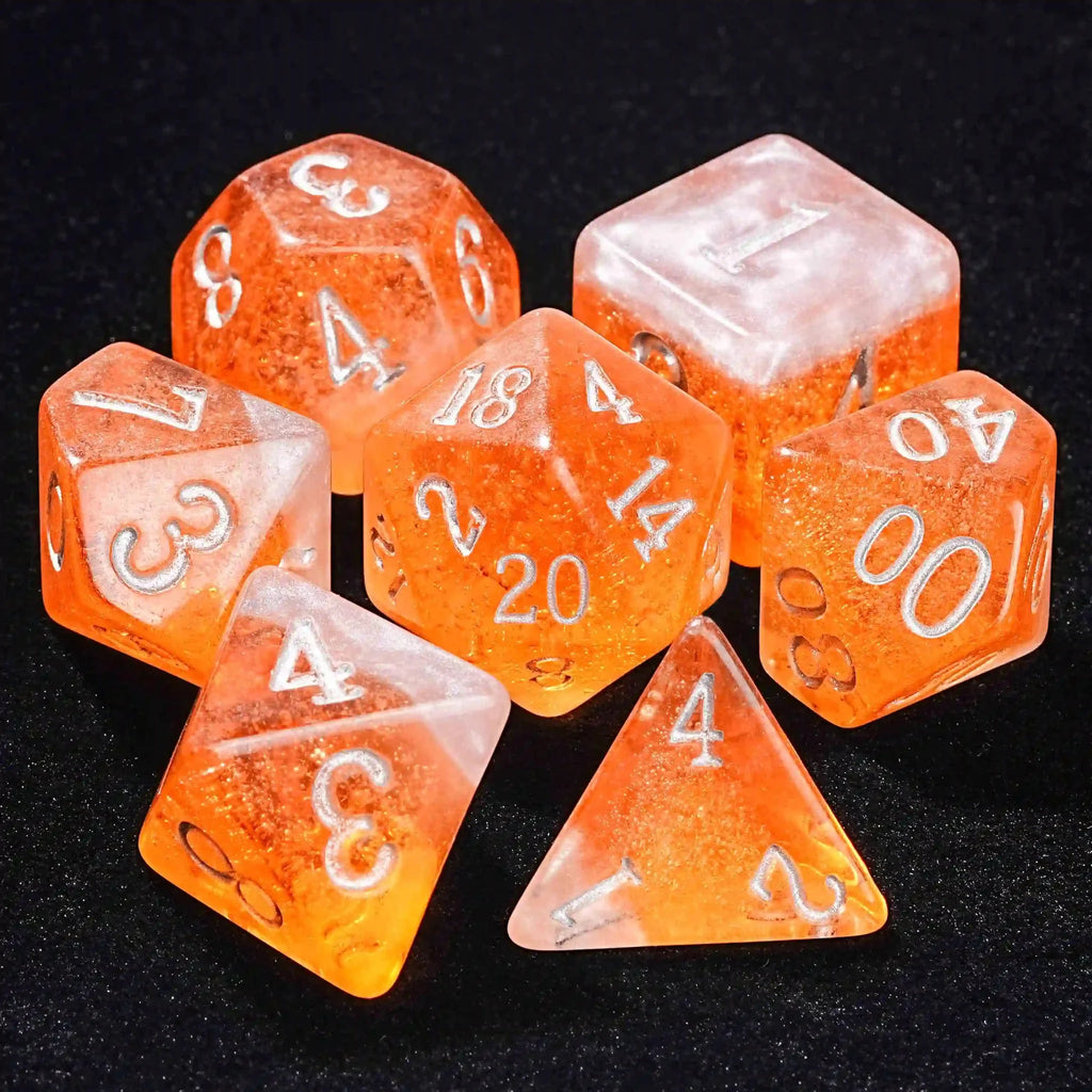 Amber Ale Beer Liquid Core Resin DND Dice Set + Silver Font
