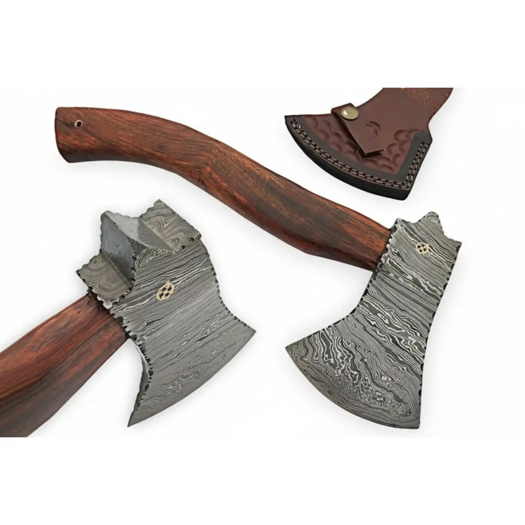 Damascus Camp Axe with Mosaic Pin, Leather Sheath, 19 Inch Rosewood Handle