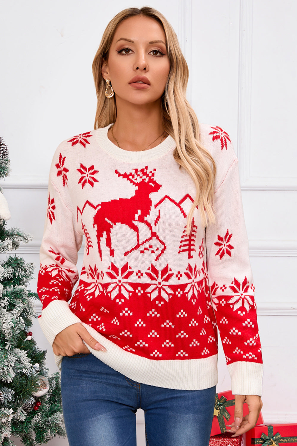 Angel Wings Deer Pattern Round Neck Long Sleeve Sweater