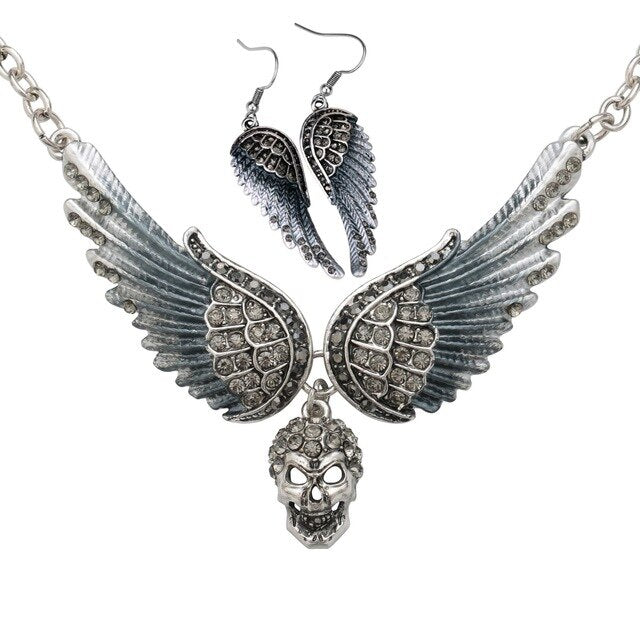 Angel Wings Skull Choker Necklace Guardian Earrings Sets Goth Jewelry Gift for Women Silver Color NENC07 Dropshipping