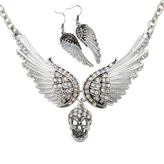 Angel Wings Skull Choker Necklace Guardian Earrings Sets Goth Jewelry Gift for Women Silver Color NENC07 Dropshipping