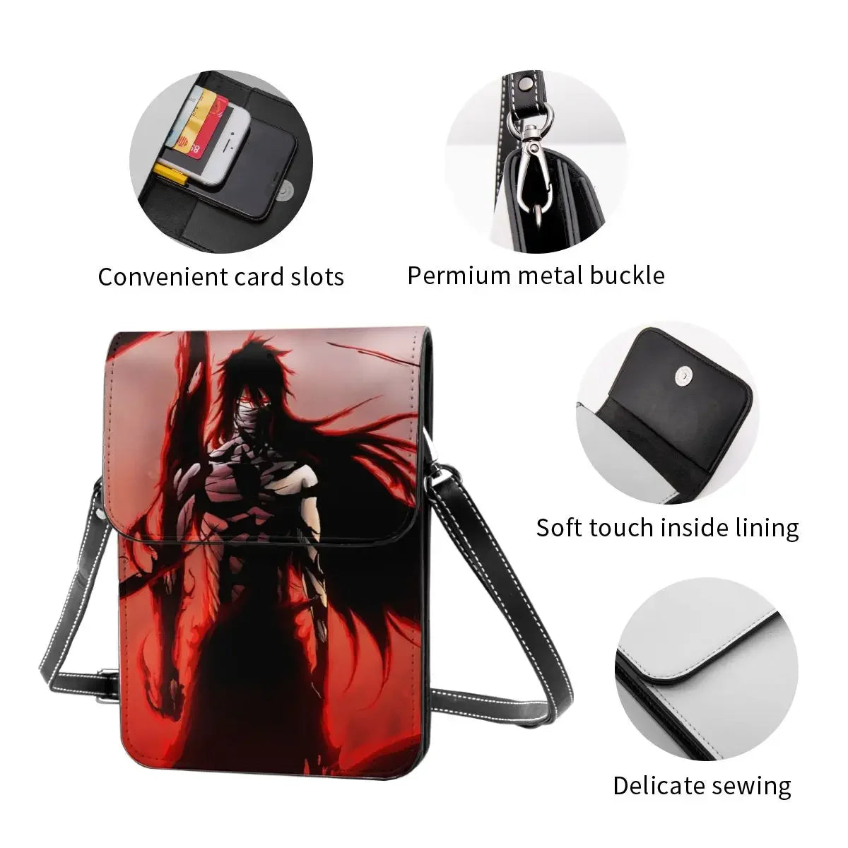 Anime BLEACH Kurosaki Ichigo Crossbody Wallet Cell Phone Bag Shoulder Bag Cell Phone Purse Adjustable Strap