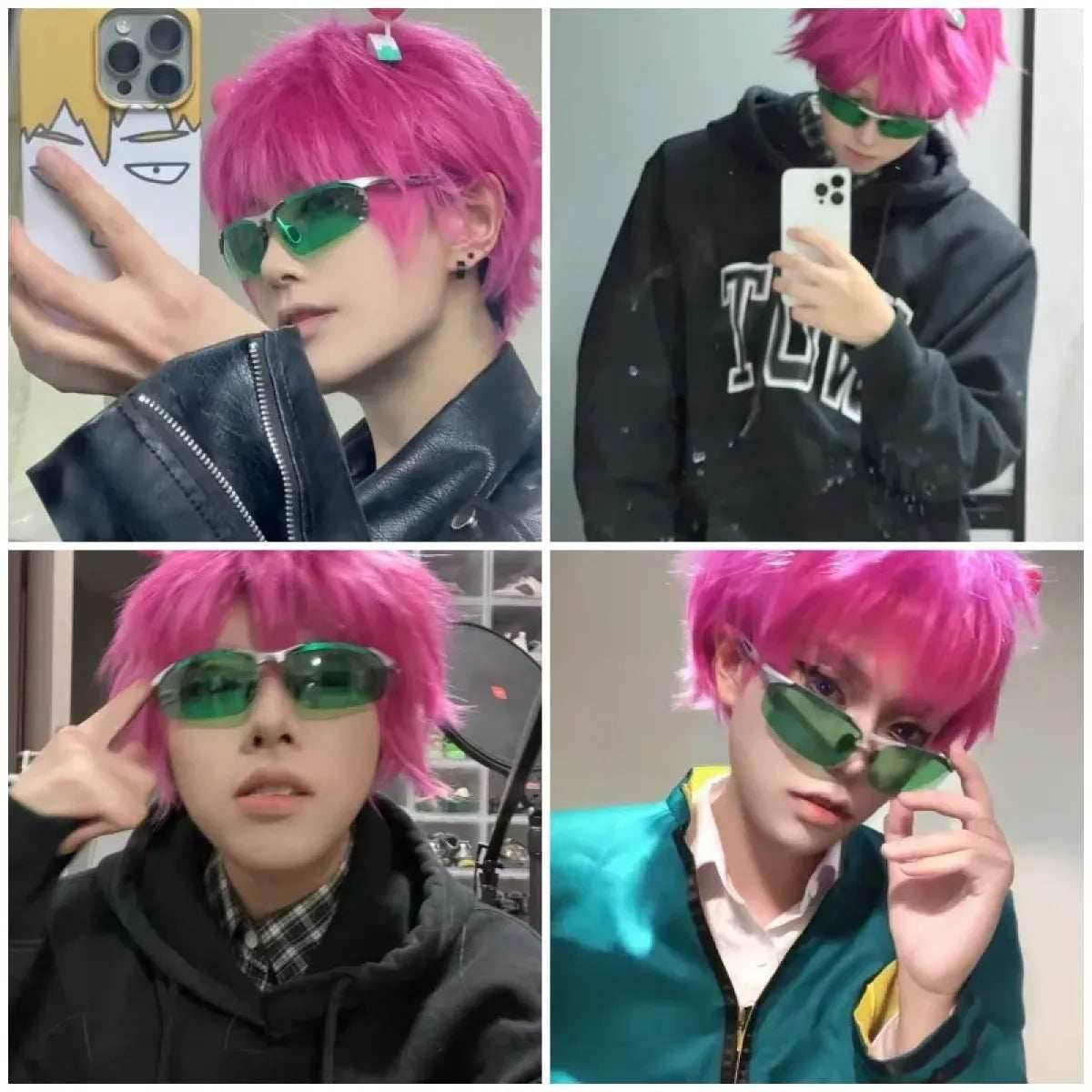 Saiki Kusuo Cosplay Wig – Pink Wig with Hairpins & Green Glasses Set - Wig and Hairpins / One Size