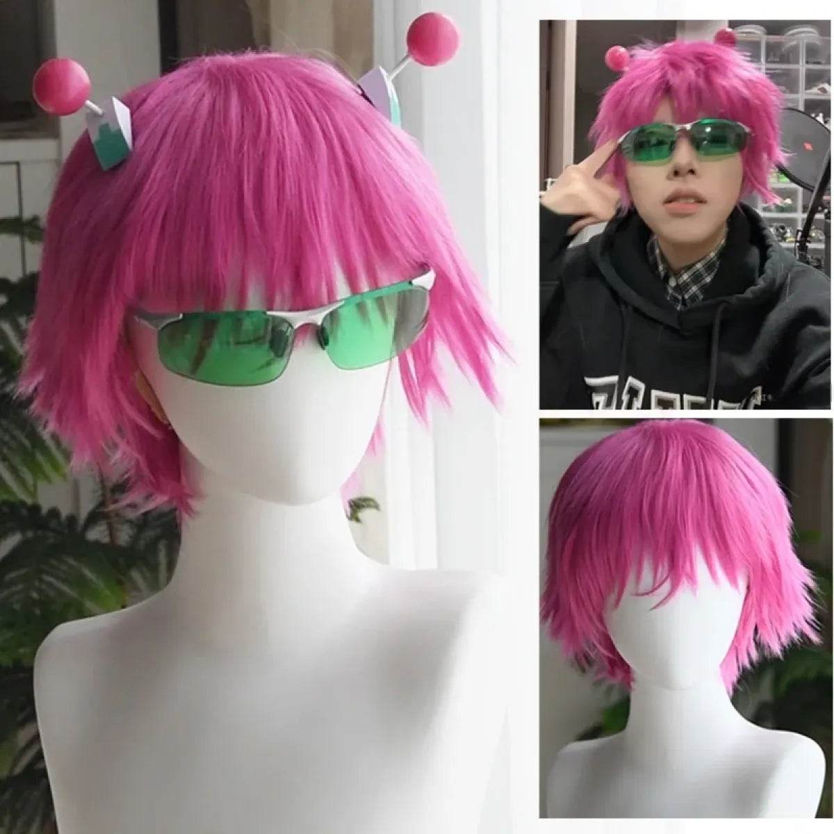 Saiki Kusuo Cosplay Wig – Pink Wig with Hairpins & Green Glasses Set - Wig and Hairpins / One Size