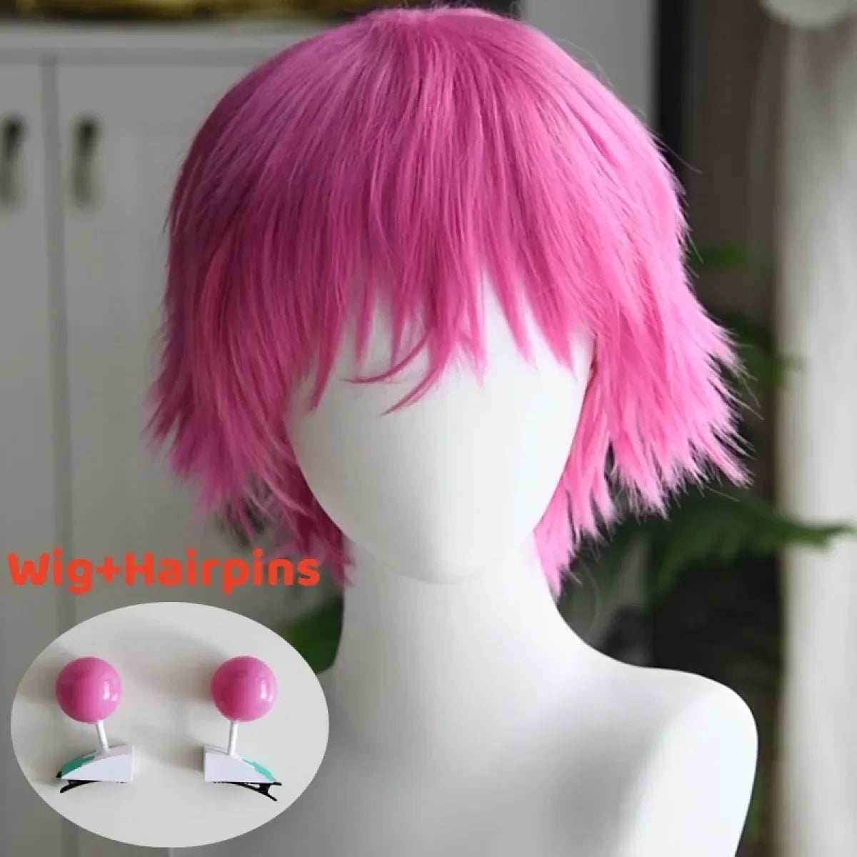 Saiki Kusuo Cosplay Wig – Pink Wig with Hairpins & Green Glasses Set - Wig and Hairpins / One Size