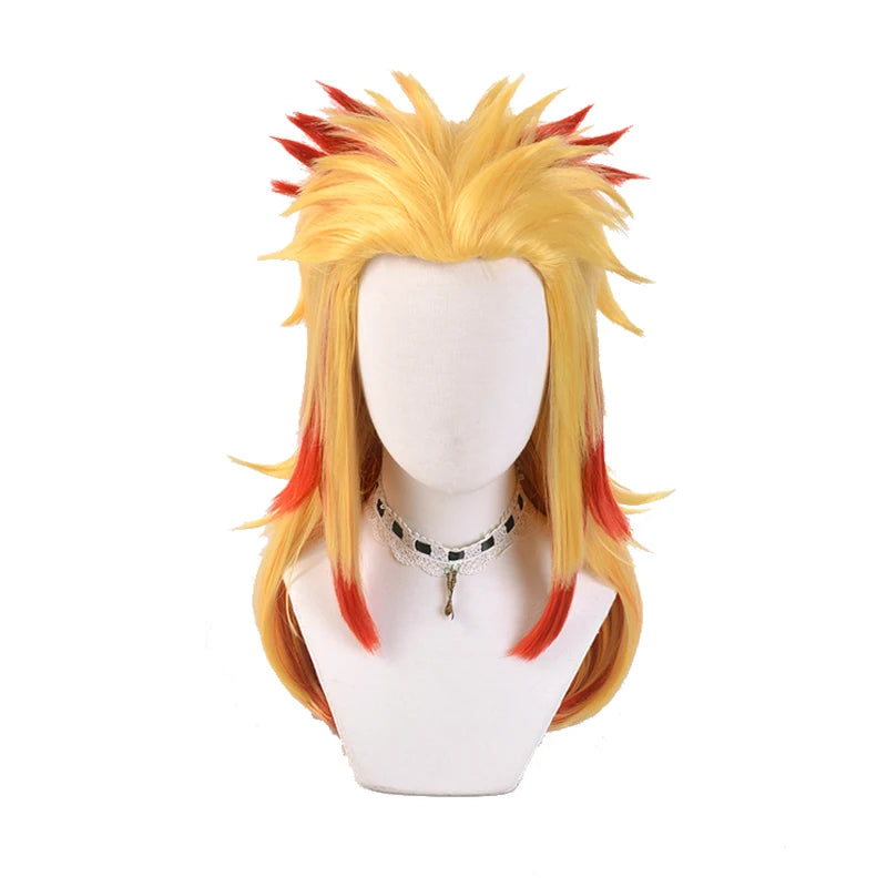 Anime Demon Slayer Rengoku Kyoujurou Blonde Ombre Wig Cosplay Costume Men Women Heat Resistant Pontail Hair Wigs + Wig Cap