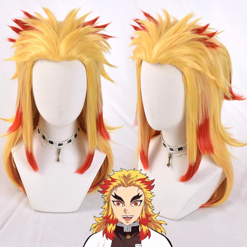 Anime Demon Slayer Rengoku Kyoujurou Blonde Ombre Wig Cosplay Costume Men Women Heat Resistant Pontail Hair Wigs + Wig Cap