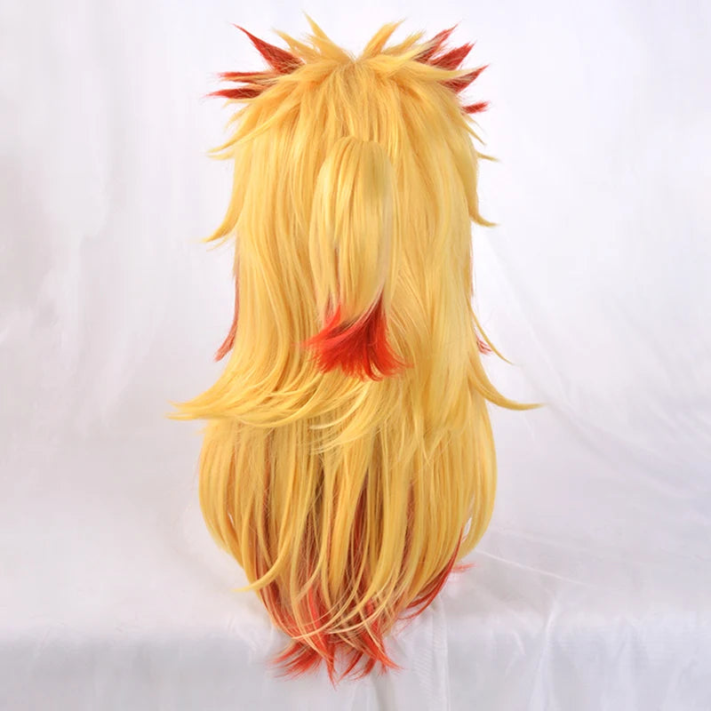 Anime Demon Slayer Rengoku Kyoujurou Blonde Ombre Wig Cosplay Costume Men Women Heat Resistant Pontail Hair Wigs + Wig Cap