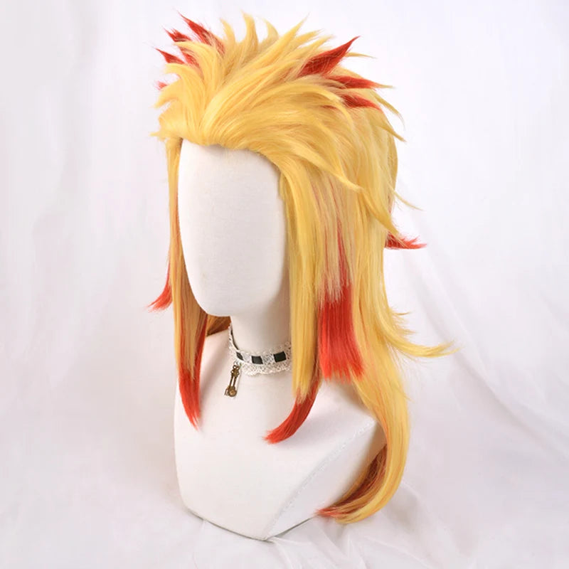 Anime Demon Slayer Rengoku Kyoujurou Blonde Ombre Wig Cosplay Costume Men Women Heat Resistant Pontail Hair Wigs + Wig Cap