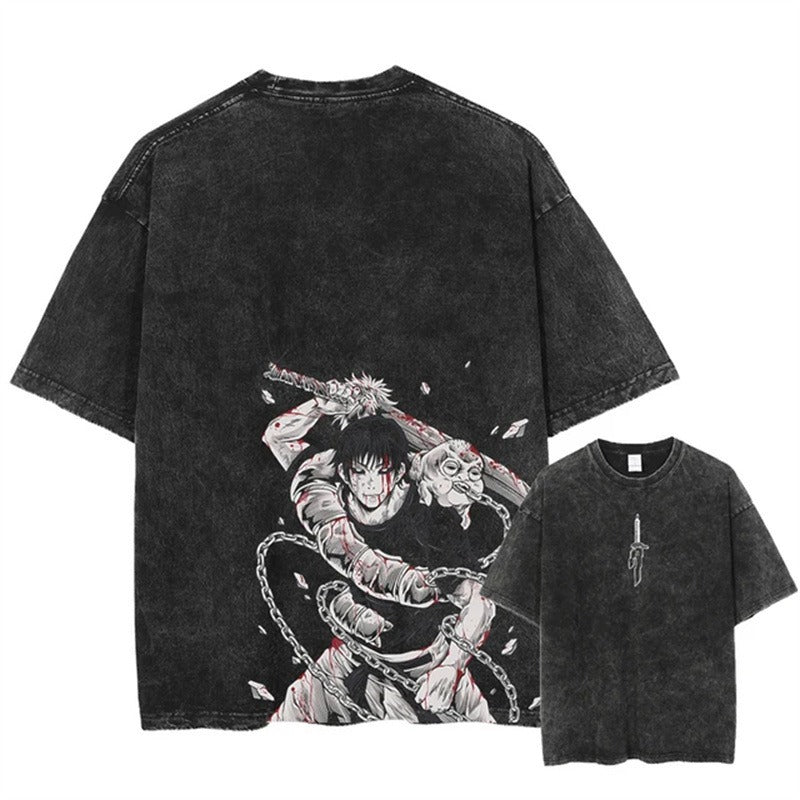 Anime Printed Streetwear Vintage Washed T-shirt Men Harajuku