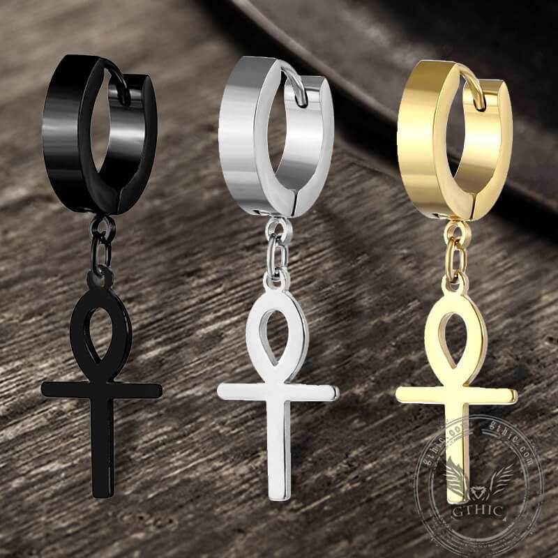 Ankh Stainless Steel Cross Earring - Silver / A Pair