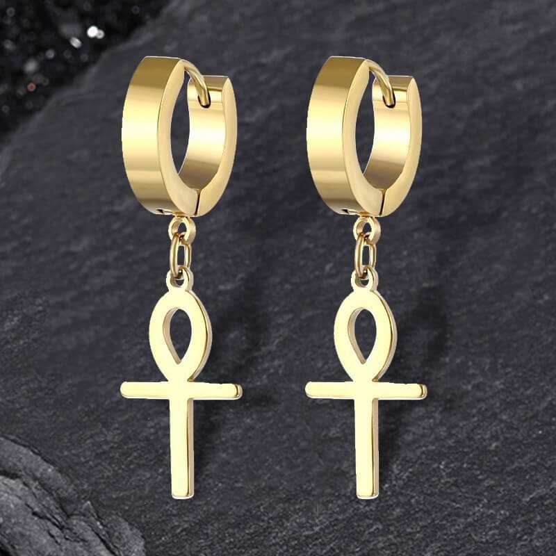 Ankh Stainless Steel Cross Earring - Gold / A Pair