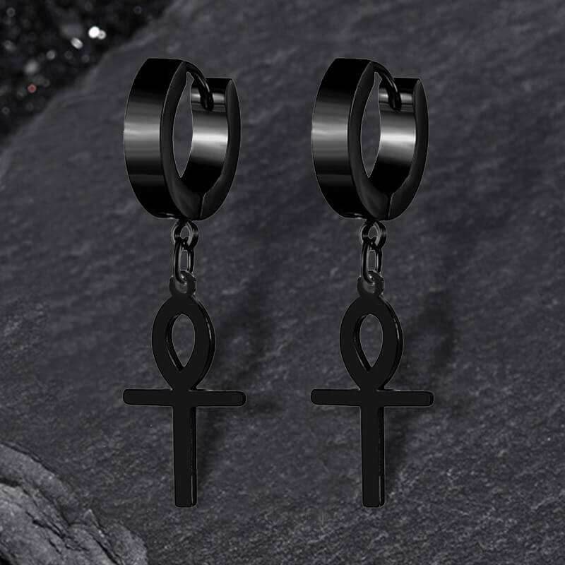 Ankh Stainless Steel Cross Earring - Black / A Pair