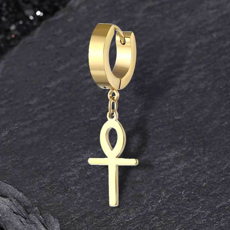 Ankh Stainless Steel Cross Earring - Gold / Single