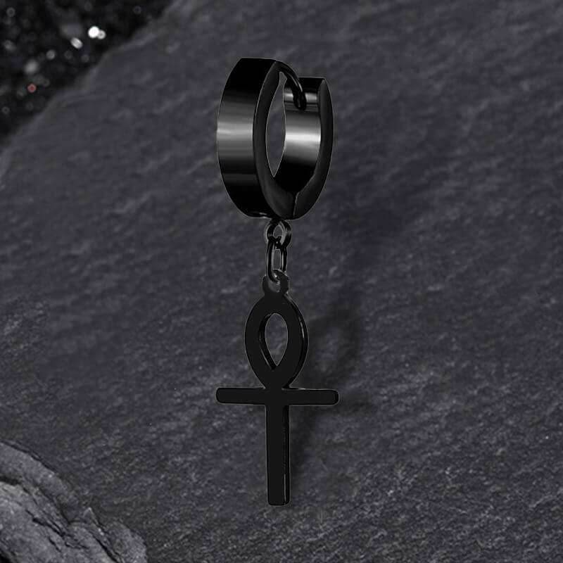 Ankh Stainless Steel Cross Earring - Black / Single
