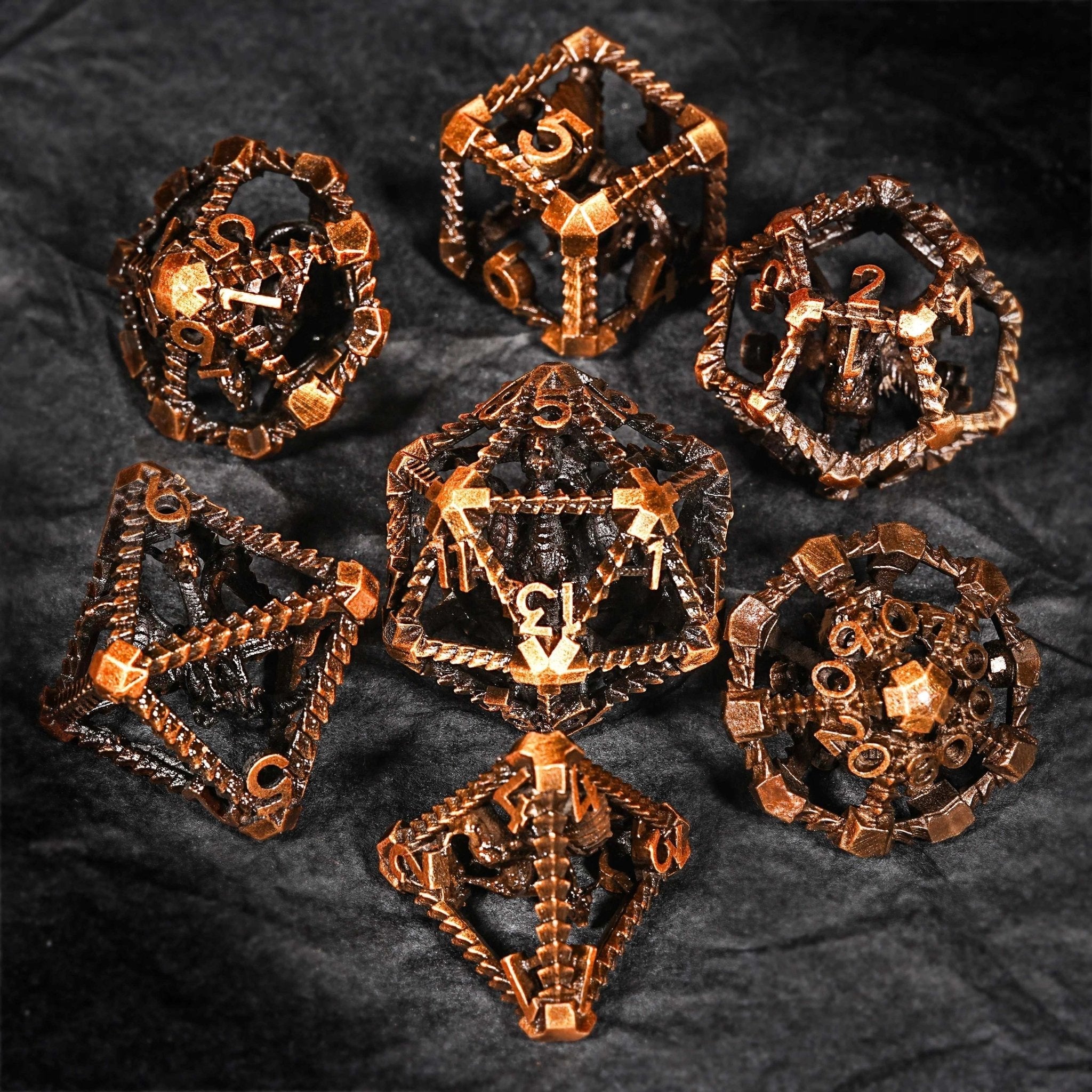 Antique Gold Metal Hollow 3D Dragon D&D Dice Set