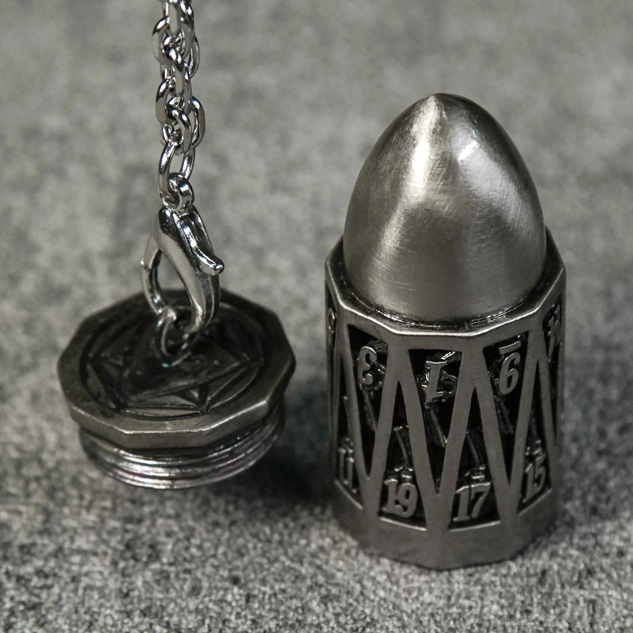 Antique Nickel Bullet Hollow Metal D20 Dice Cage Necklace + 7 Mini Metal Dice Set