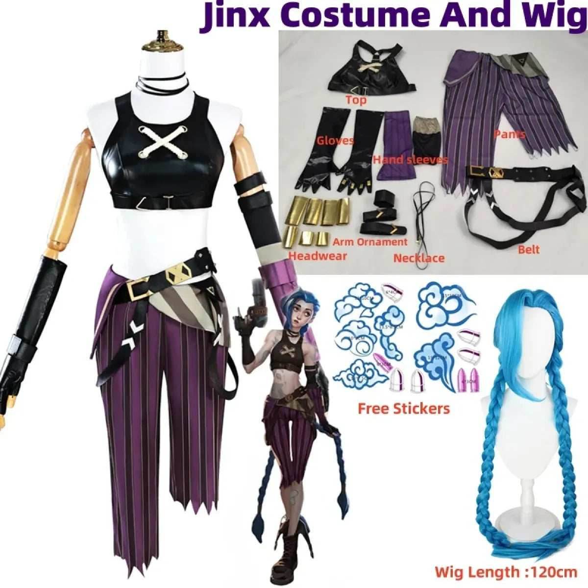 Arcane Jinx Cosplay Costume – LOL Season 2 Loli Outfit with Wig & Accessories - Costume and Wig / S