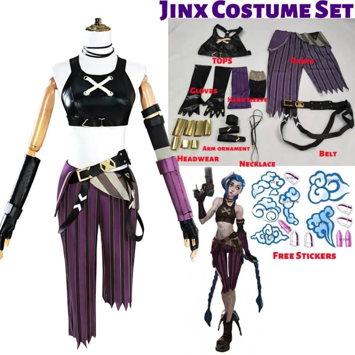 Arcane Jinx Cosplay Costume – LOL Season 2 Loli Outfit with Wig & Accessories - Costume Only / S