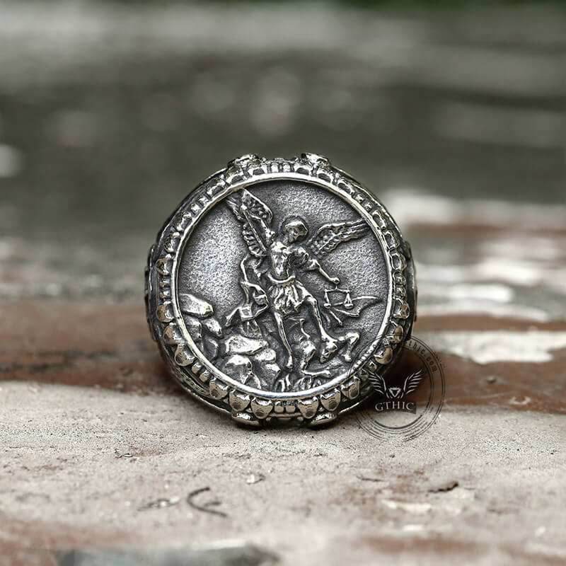 Archangel Saint Michael Stainless Steel Men’s Ring Handcrafted - Stainless Steel / 7