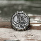 Archangel Saint Michael Stainless Steel Men’s Ring Handcrafted - Stainless Steel / 7