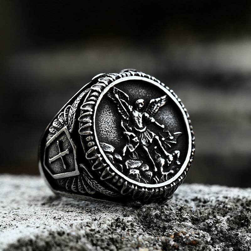 Archangel Saint Michael Stainless Steel Men’s Ring Handcrafted - Stainless Steel / 7