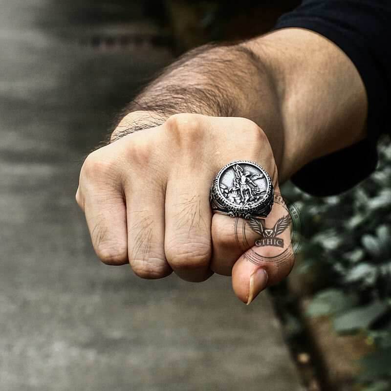 Archangel Saint Michael Stainless Steel Men’s Ring Handcrafted - Stainless Steel / 7