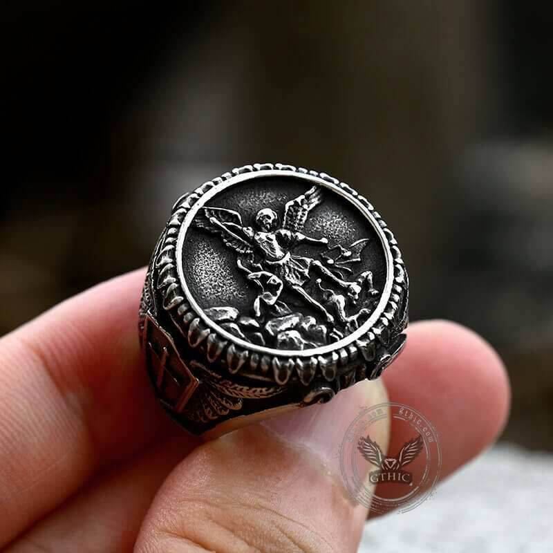 Archangel Saint Michael Stainless Steel Men’s Ring Handcrafted - Stainless Steel / 7