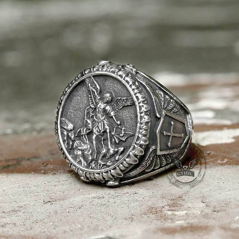 Archangel Saint Michael Stainless Steel Men’s Ring Handcrafted - Stainless Steel / 7