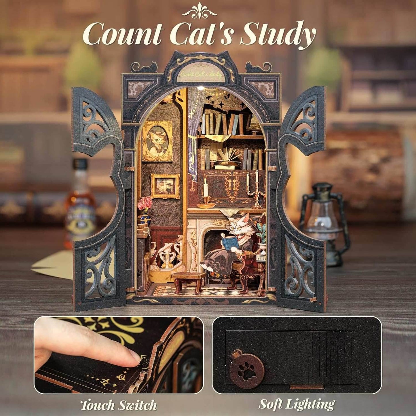 Book Nook Wizardi Miniature - Count Cat's Study Roombox Kit - 