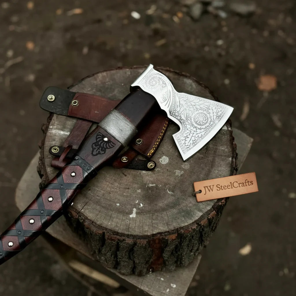 Viking Bearded Axe with Norse Engraved Blade and Leather Sheath
