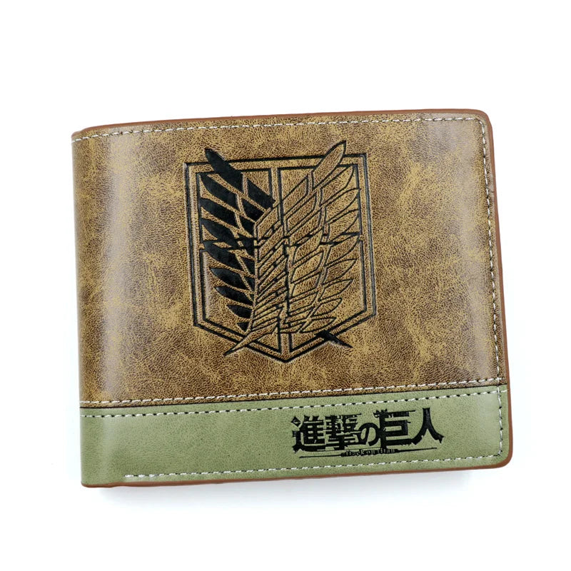 Attack on Titan Brown Short Men Wallets Men's Fold Over PU Leather Button Purse with Zipper Pocket