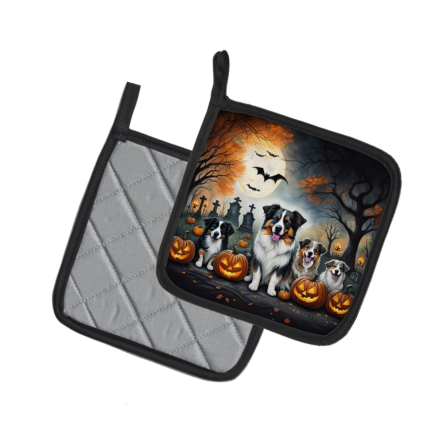 Australian Shepherd Spooky Halloween Pair of Pot Holders Kitchen Heat Resistant Pot Holders Sets Oven Hot Pads for Cooking Baking BBQ, 7 1/2 x 7 1/2