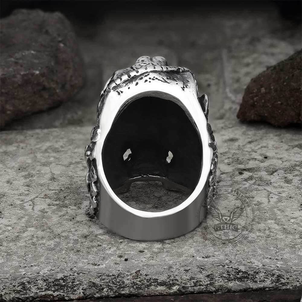 Aztec Jaguar Warrior Stainless Steel Skull Ring - Silver / 7