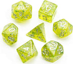 Green Cloud Brocade Powder 7-Dice Dnd Dice | Glitter w/Silver Numbers Set - 