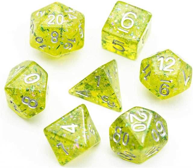 Green Cloud Brocade Powder 7-Dice Dnd Dice | Glitter w/Silver Numbers Set - 