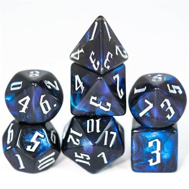 Glitter Party Black Glitter Dice (White font) 7-Dice Set - 