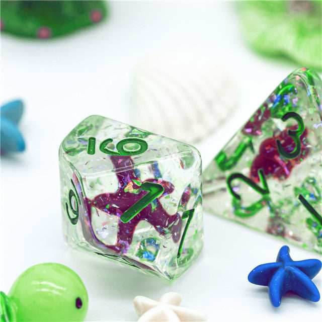Green w/Purple Starfish Dice 7-Dice Set Resin Dungeons and Dragons Dice - 