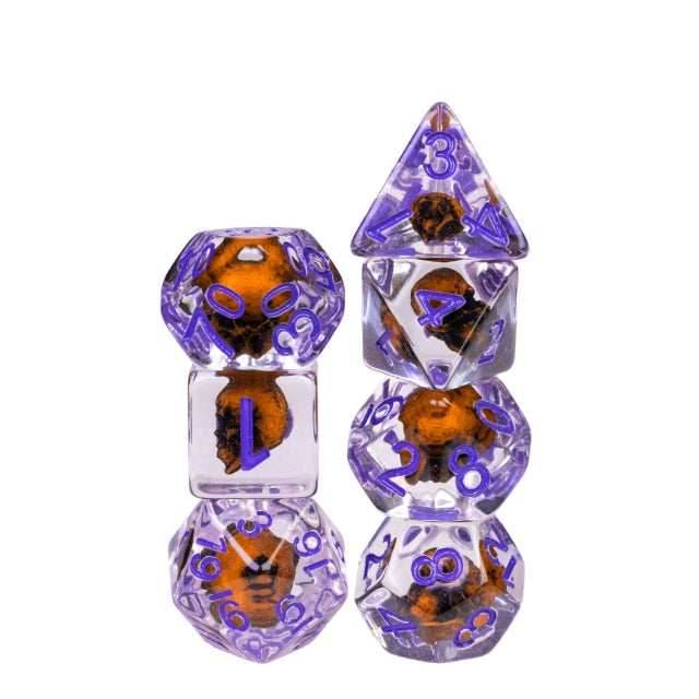 Orange Skull Dice | Clear RPG 7-Dice Set w/ Purple Numbers - 