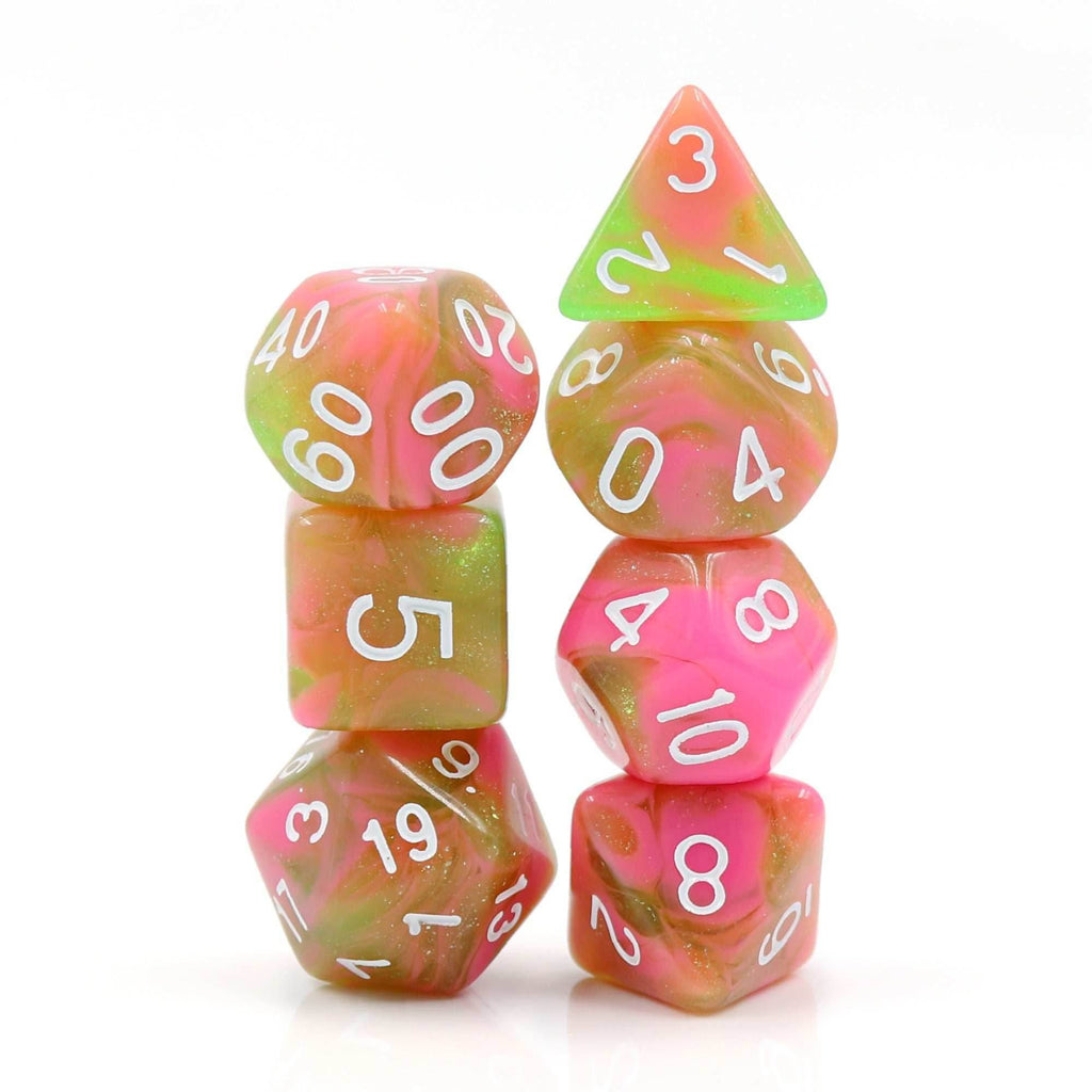 Apple Taffy Lime Green/Pink Glitter/Swirl 7-Dice Set by HendgaDice - 