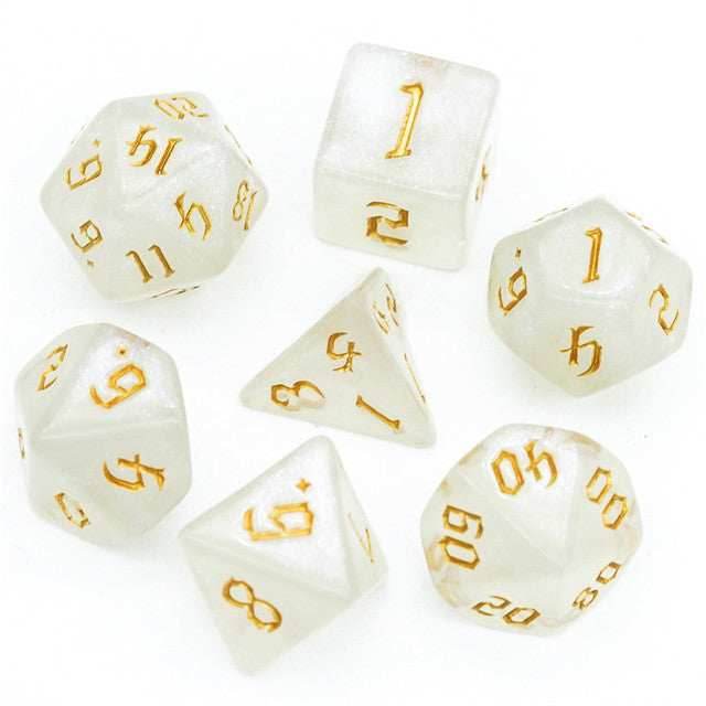 Glitter Party White Glitter Dice (Gold font) 7-Dice Set RPG DND - 