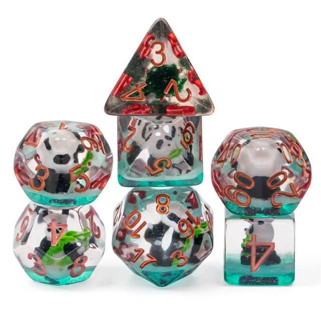Bamboo Panda on Blue Glitter 7-Dice Set w/Copper Numbers Dnd Dice Set - 