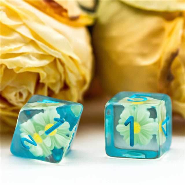 Sunflower Blue (Resin Flower) Dice 7-Dice Set Resin Dungeons and Dragons Dice - 