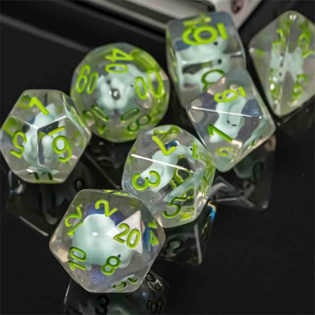 Dinosaur on Glitter 7-Dice Set w/Green Numbers Dnd Dice Set - 