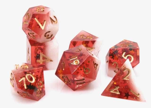 Translucent Red on Opaque White w/Foil Flakes 7-Dice Set Resin Sharp Edge RPG DND - 